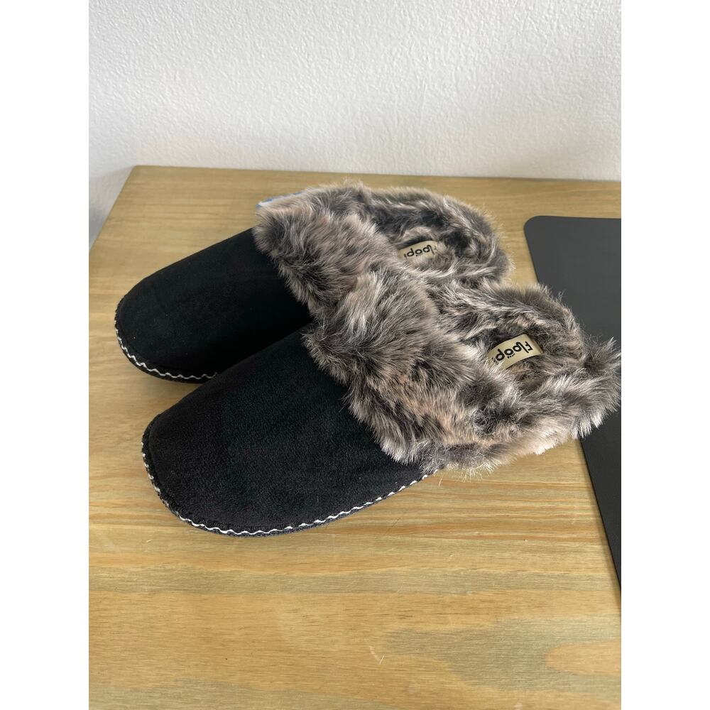 NWT Floopi Faux Fur Black Faux Suede Slip on Slippers Womens xlarge 11-12 comfy